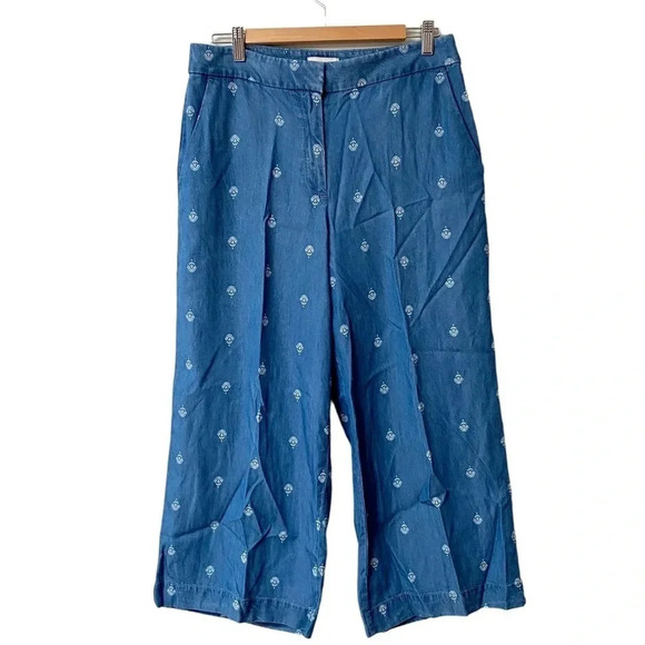LOFT Outlet Floral Chambray Wide Leg Cropped Pants Size 8 Nautical Trousers - Picture 1 of 12